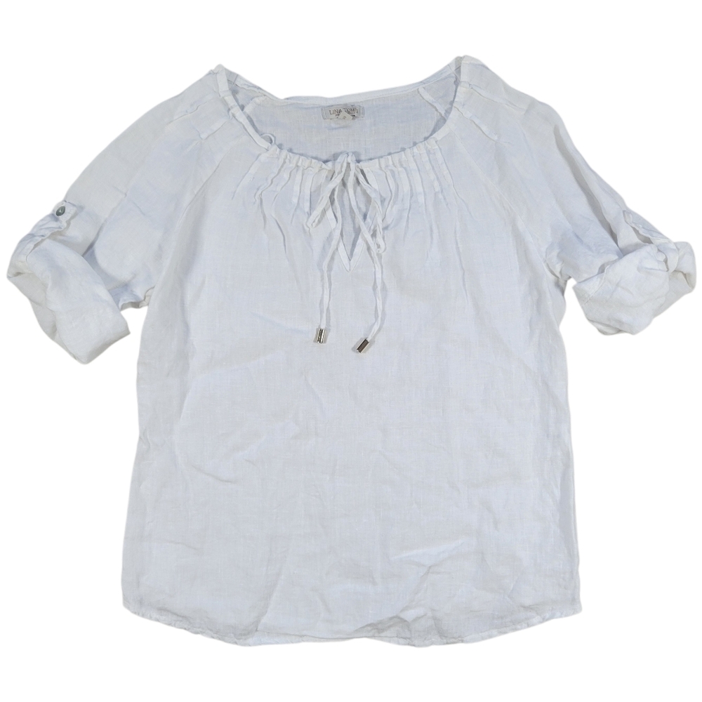 Lina Tomei 100% Linen Top Women S White Pleated Short Sleeve Italy Coastal Beach